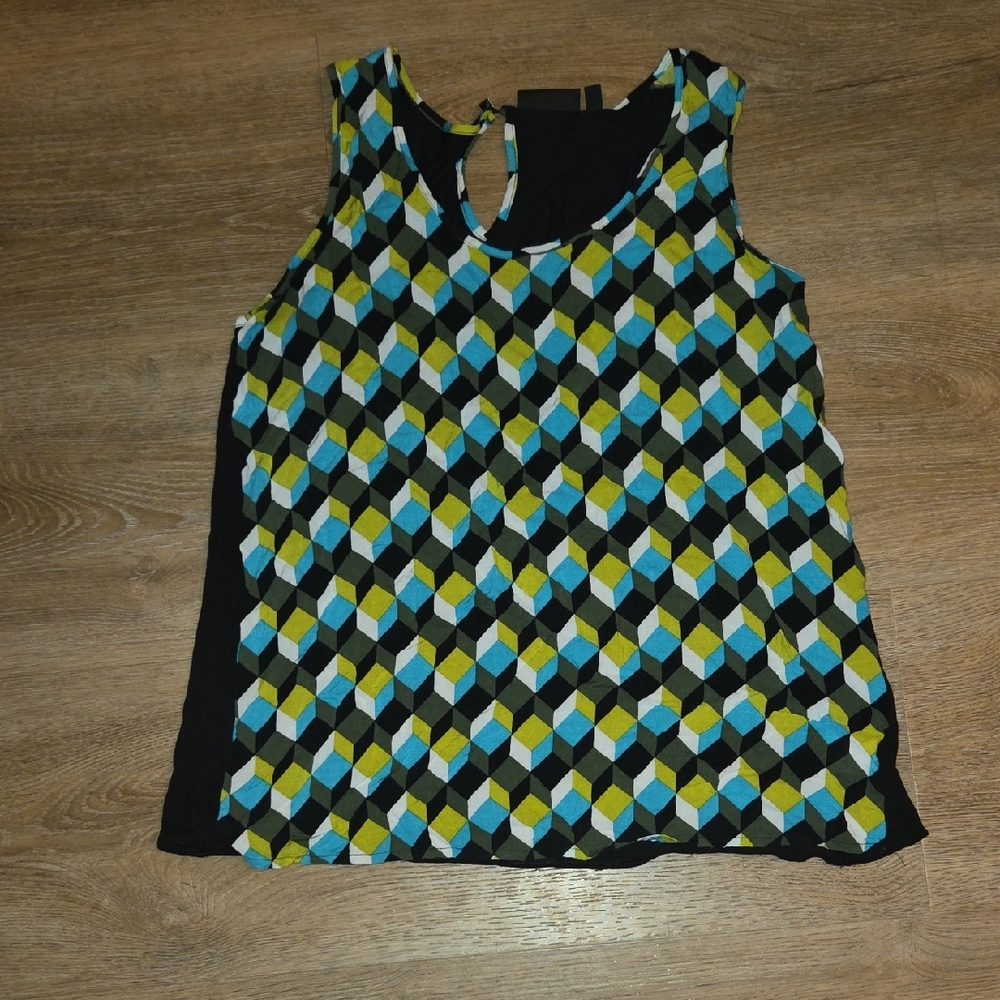 Apt. 9 Black Tank with Blue & Lime Geometric Print